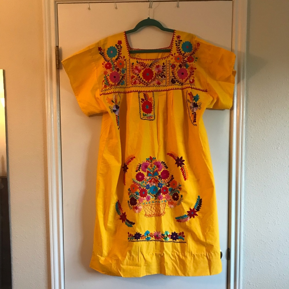 Canary Yellow Mexican Embroidery Dress